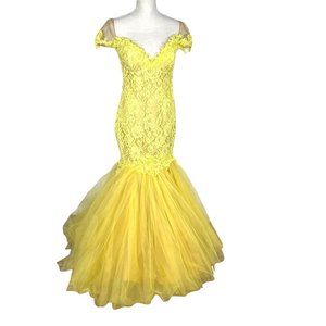 Tarik Ediz Yellow Floral Lace Plunge Neckline Cap Sleeve Mermaid Dress Size 8